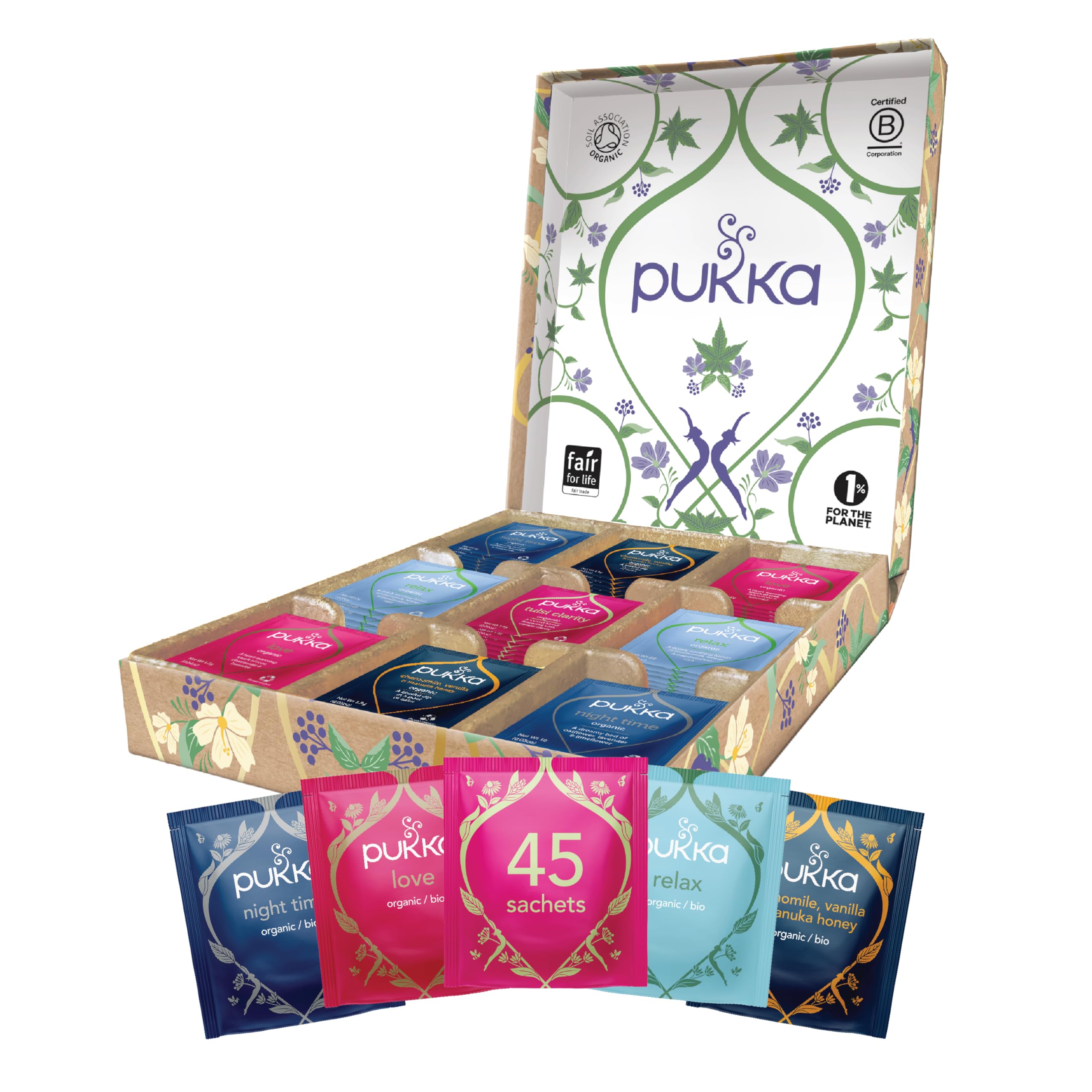 Pukka Coffret Relax, Idée Cadeau Homme et Femme, Coffret de Tisanes, Assortiment de 5 Infusions Relaxantes, 100% Bio Et Commerce Equitable, 45 sachets Tisanes