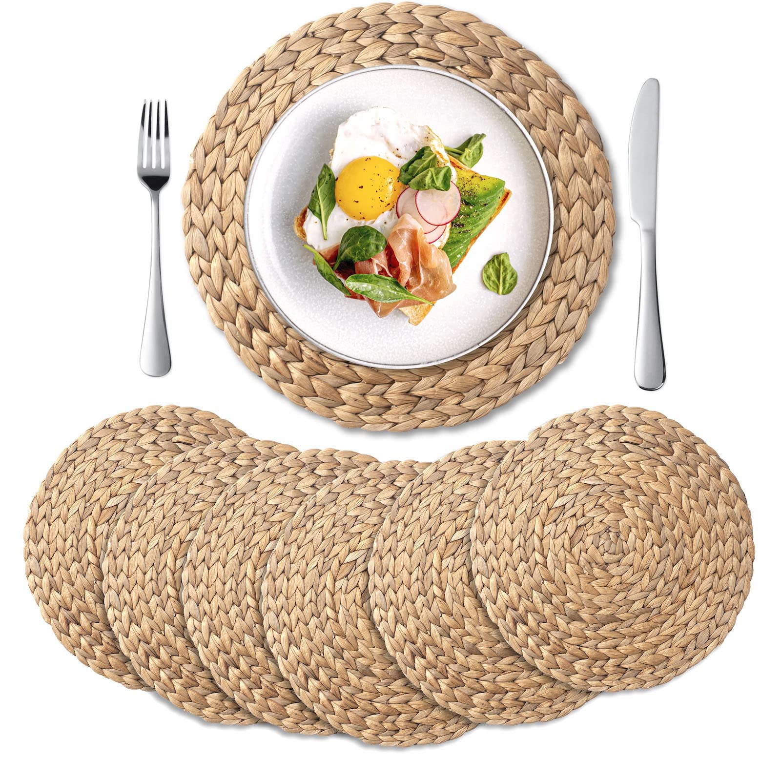 1.1.1. YANGQIHOME Set de Table Rond (Lot de 6) - Dessous de Plats en Jacinthe d'eau Naturelle et Paille Tressée pour Table de Salle à Manger (30 cm)