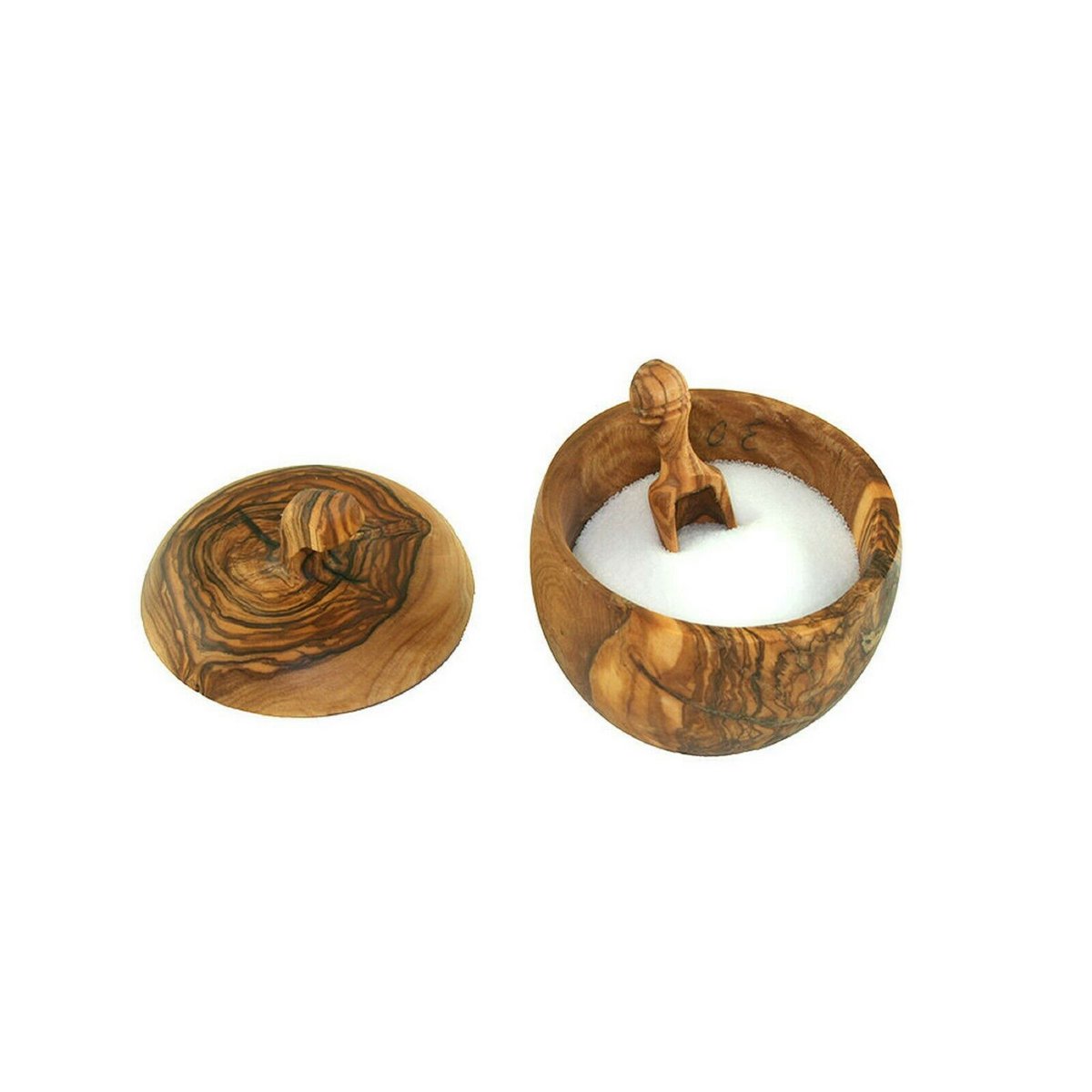 Salière en forme de pomme avec pelle à sel, bois d'olivier