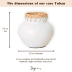 Vase blanc – Vase décoratif rond – Petit vase pour fleurs séchées – Vase en argile fait main – Vase à fleurs en argile et rotin (Ø 23 cm) TUBAN