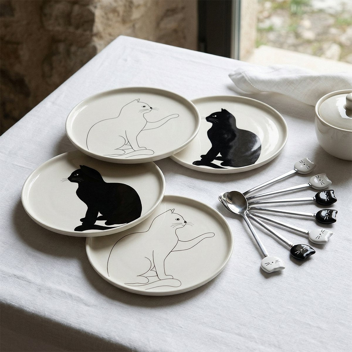 Assiettes a dessert chat noir et blanc - lot de 4