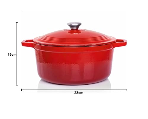 Cocotte Fonte Émaillée VeoHome Rouge 6L Ø28cm, Faitout Ultra Résistant,Marmite Compatible Induction/Gaz/Four, Cuisson Homogène, Saveurs Authentiques, Couvercle Relief