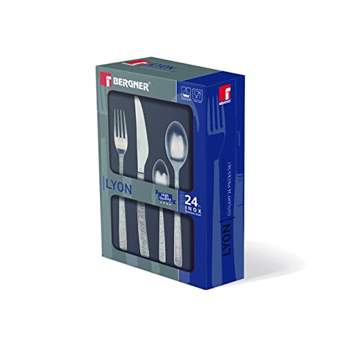 BERGNER Lyon - Ensemble complet 24 couverts - 6 couteaux - 6 fourchettes - 6 cuillères - 6 cuillères à thé - En acier inoxydable robuste - Finition polie mate - Facile à laver