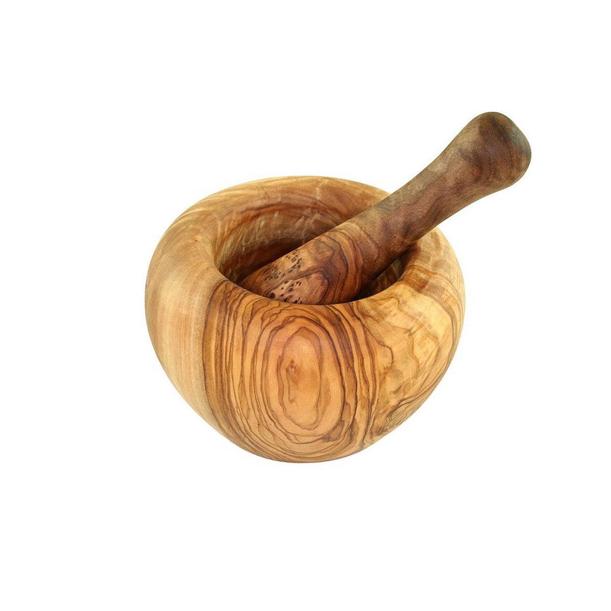Mortier rond (environ 12 cm de diamètre) avec pilon en bois d'olivier