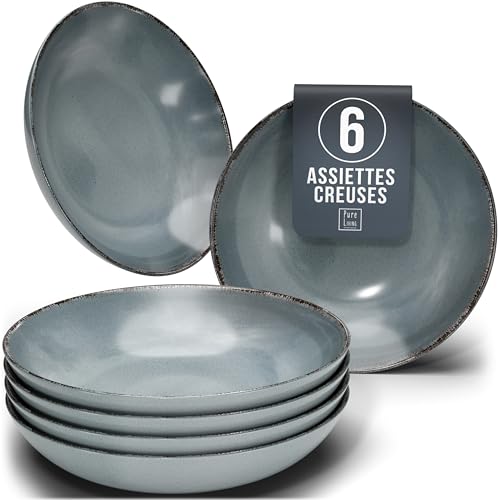 1.1.1.1. Ensemble de Vaisselle Rustique en Grès - Assiettes de Table Modernes Lavables au Lave-Vaisselle - Set de Vaisselle 6 Personnes Élégant en Bleu Fumé - Pure Living pour 6, Assiettes de Dîner