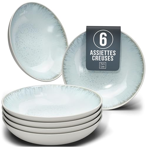1.1.1.1. Ensemble de Vaisselle Rustique en Grès - Assiettes de Table Modernes Lavables au Lave-Vaisselle - Set de Vaisselle 6 Personnes Élégant en Bleu Fumé - Pure Living pour 6, Assiettes de Dîner