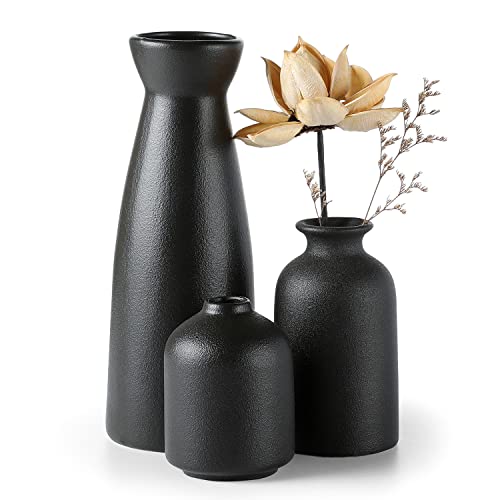 CEMABT Ceramic Vase Set - 3 Small Vase for Decoration for Wedding Table Party Living Office Bedroom Minimalist Bohemian Decoration (Noir)