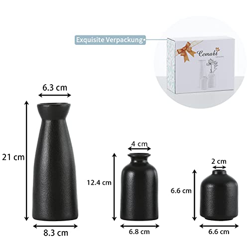 CEMABT Ceramic Vase Set - 3 Small Vase for Decoration for Wedding Table Party Living Office Bedroom Minimalist Bohemian Decoration (Noir)