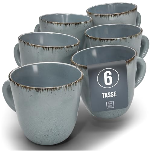 1.1.1.1. Ensemble de Vaisselle Rustique en Grès - Assiettes de Table Modernes Lavables au Lave-Vaisselle - Set de Vaisselle 6 Personnes Élégant en Bleu Fumé - Pure Living pour 6, Assiettes de Dîner