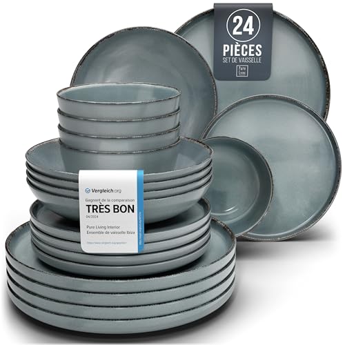 1.1.1.1. Ensemble de Vaisselle Rustique en Grès - Assiettes de Table Modernes Lavables au Lave-Vaisselle - Set de Vaisselle 6 Personnes Élégant en Bleu Fumé - Pure Living pour 6, Assiettes de Dîner