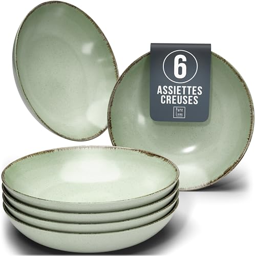 1.1.1.1. Ensemble de Vaisselle Rustique en Grès - Assiettes de Table Modernes Lavables au Lave-Vaisselle - Set de Vaisselle 6 Personnes Élégant en Bleu Fumé - Pure Living pour 6, Assiettes de Dîner