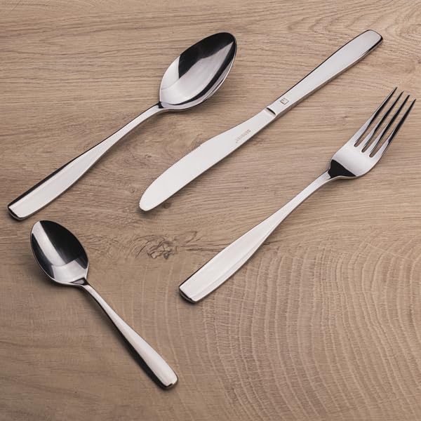 BERGNER Lyon - Ensemble complet 24 couverts - 6 couteaux - 6 fourchettes - 6 cuillères - 6 cuillères à thé - En acier inoxydable robuste - Finition polie mate - Facile à laver