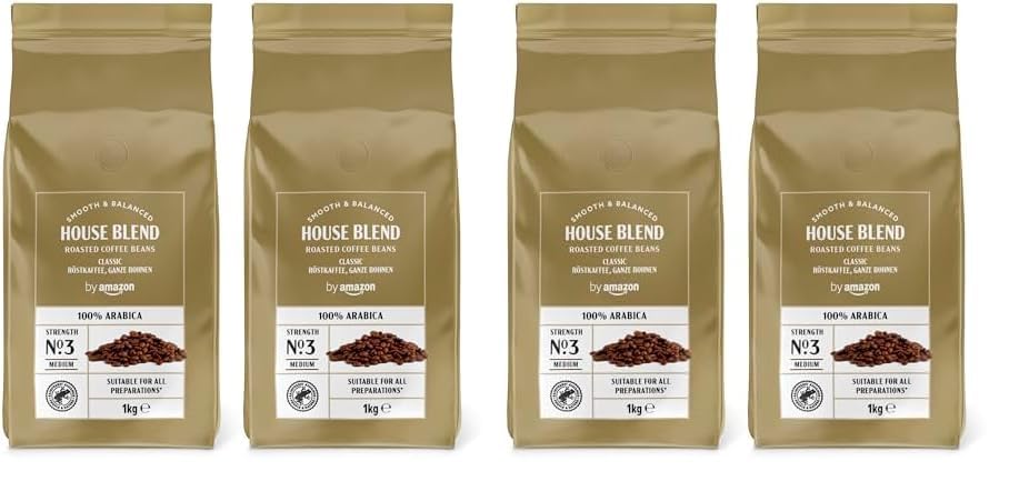 by Amazon House Blend Grains de café , torréfaction moyennement poussée, 100% Arabica, 1 kg, lot de 1, Certifiés Rainforest Alliance