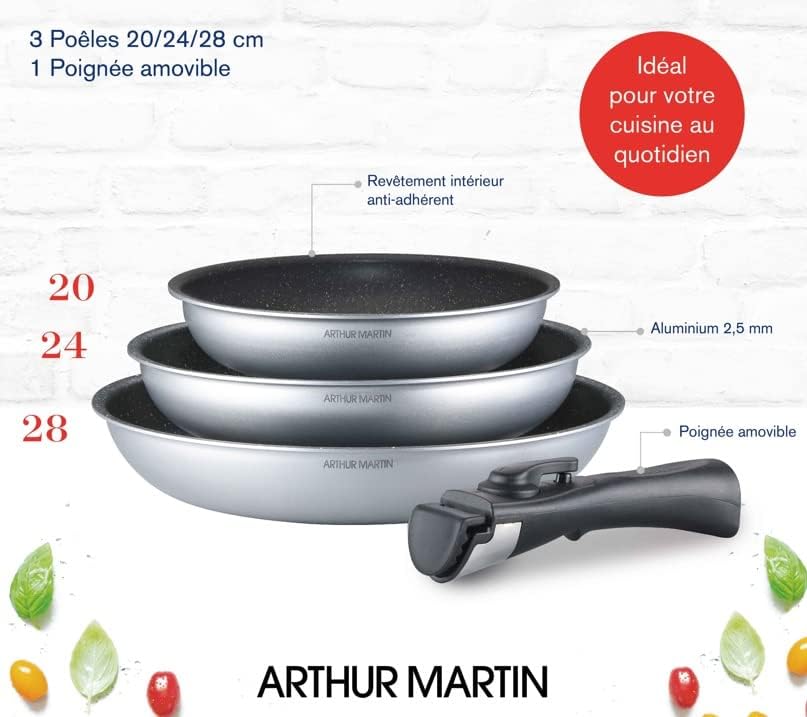 Arthur Martin AM521S Set de 3 Poêles 20-24-28 cm avec revetement anti adhérent Aluminium Poignée amovible Tous feux dont induction