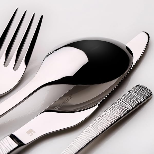 BERGNER Lyon - Ensemble complet 24 couverts - 6 couteaux - 6 fourchettes - 6 cuillères - 6 cuillères à thé - En acier inoxydable robuste - Finition polie mate - Facile à laver