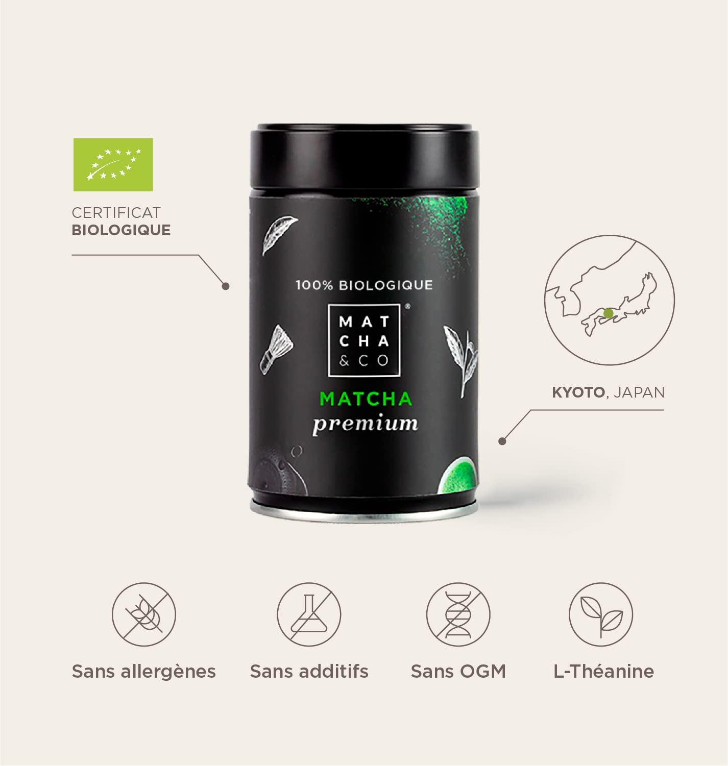 Matcha & CO Thé 100% biologique de qualité supérieure 80 g [qualité cérémonielle Premium]. Poudre de thé vert biologique du Japon. Thé biologique de qualité cérémonielle.