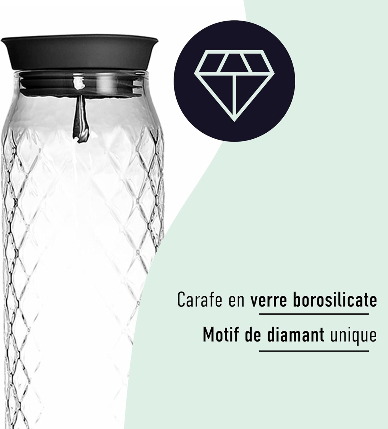 Carafe Eau en Verre Borosilicate Avec Couvercle - Pichet Pour Boissons Chaudes et Froides d'une Capacité 1.2L Avec Motif Unique en Diamant, Pichet à Boisson Pour Thé Glacé Maison et Jus