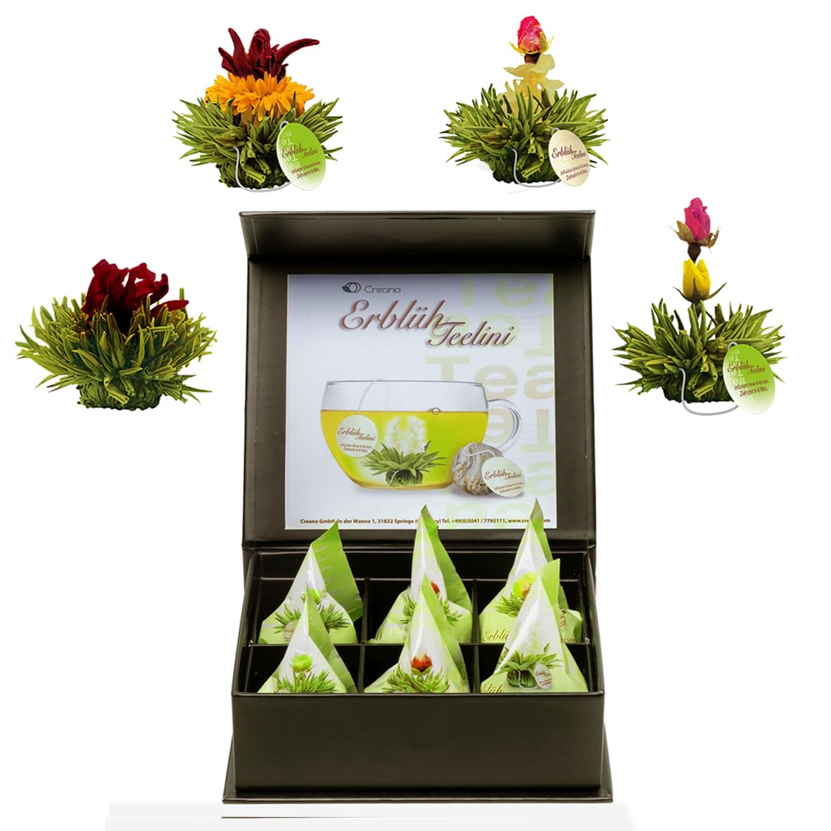 Creano Coffret Cadeau avec Fleurs de Thé dans Une Boîte Magnétique - Thé Blanc, Noir, Vert - 6 Fleurs de Thé avec 6 Sortes différentes