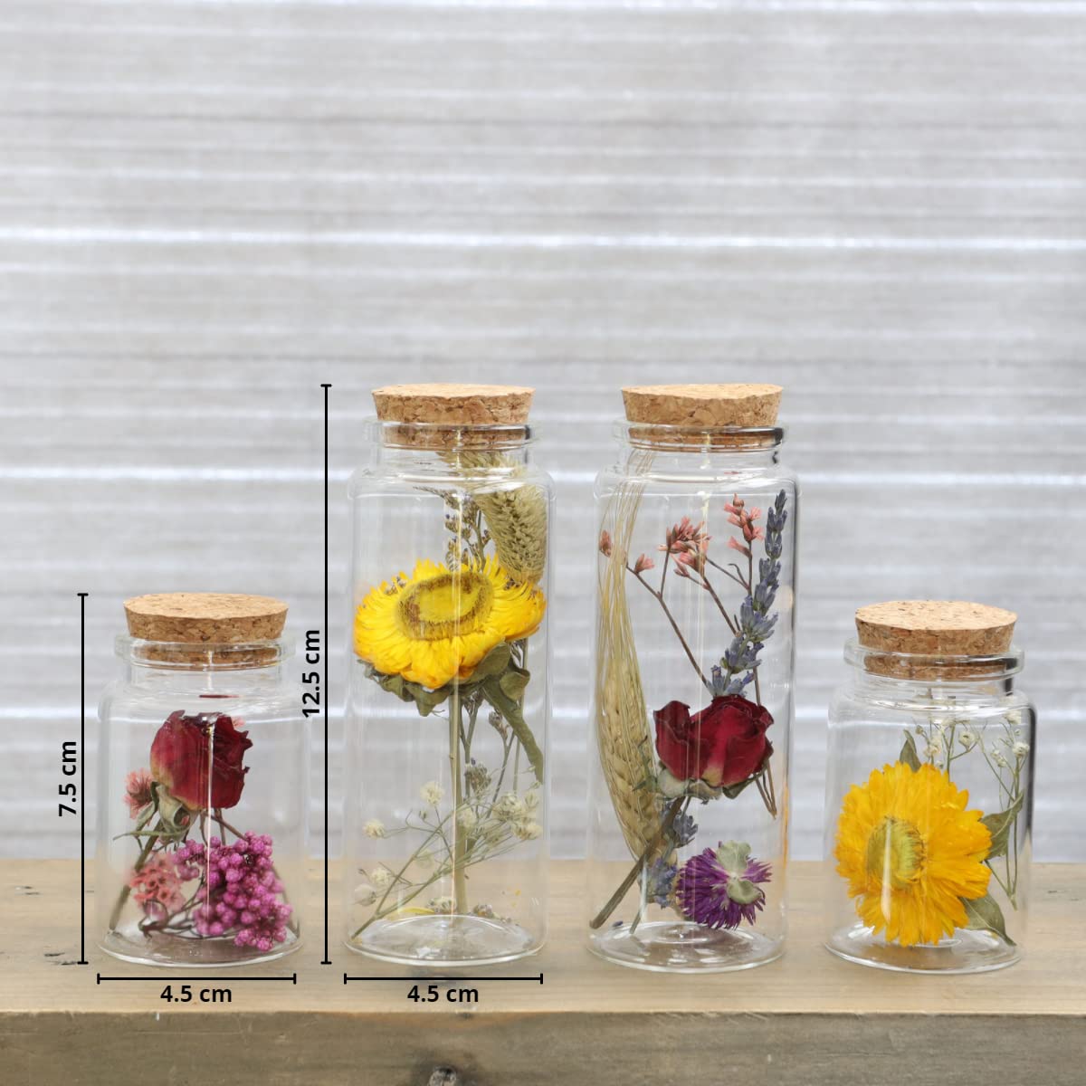Comforder Fleurs Séchées en Verre avec Bouchon en Liège 4pcs, Décoration de Fleurs Séchées Naturelles dans Bouteille en Verre, Mariage Champêtre (Naturel)
