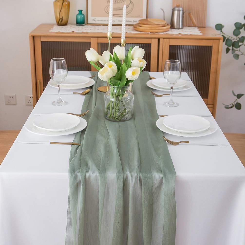 Chemin de table en mousseline de soie - Vert sauge - Décoration de table bohème - 70 cm x 3 m