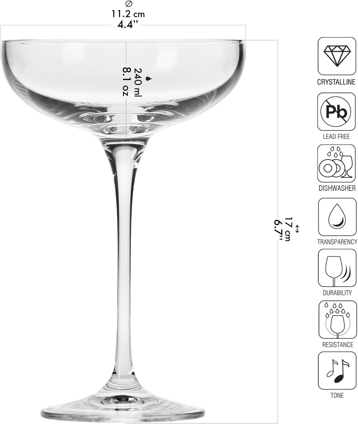 Coupe Cristal de Champagne Verre | Lot de 6 | 240 ML | Collection Harmony | Parfait la Maison, Les Restaurants, Les Fêtes | Lavable au Lave-vaisselle
