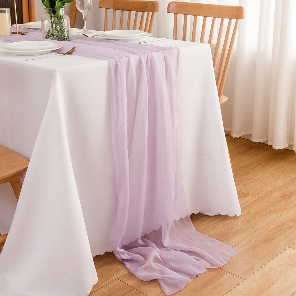 Chemin de table en mousseline de soie - Vert sauge - Décoration de table bohème - 70 cm x 3 m