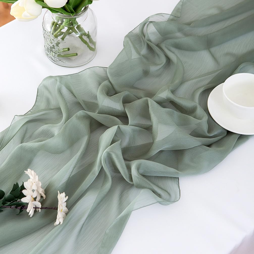 Chemin de table en mousseline de soie - Vert sauge - Décoration de table bohème - 70 cm x 3 m