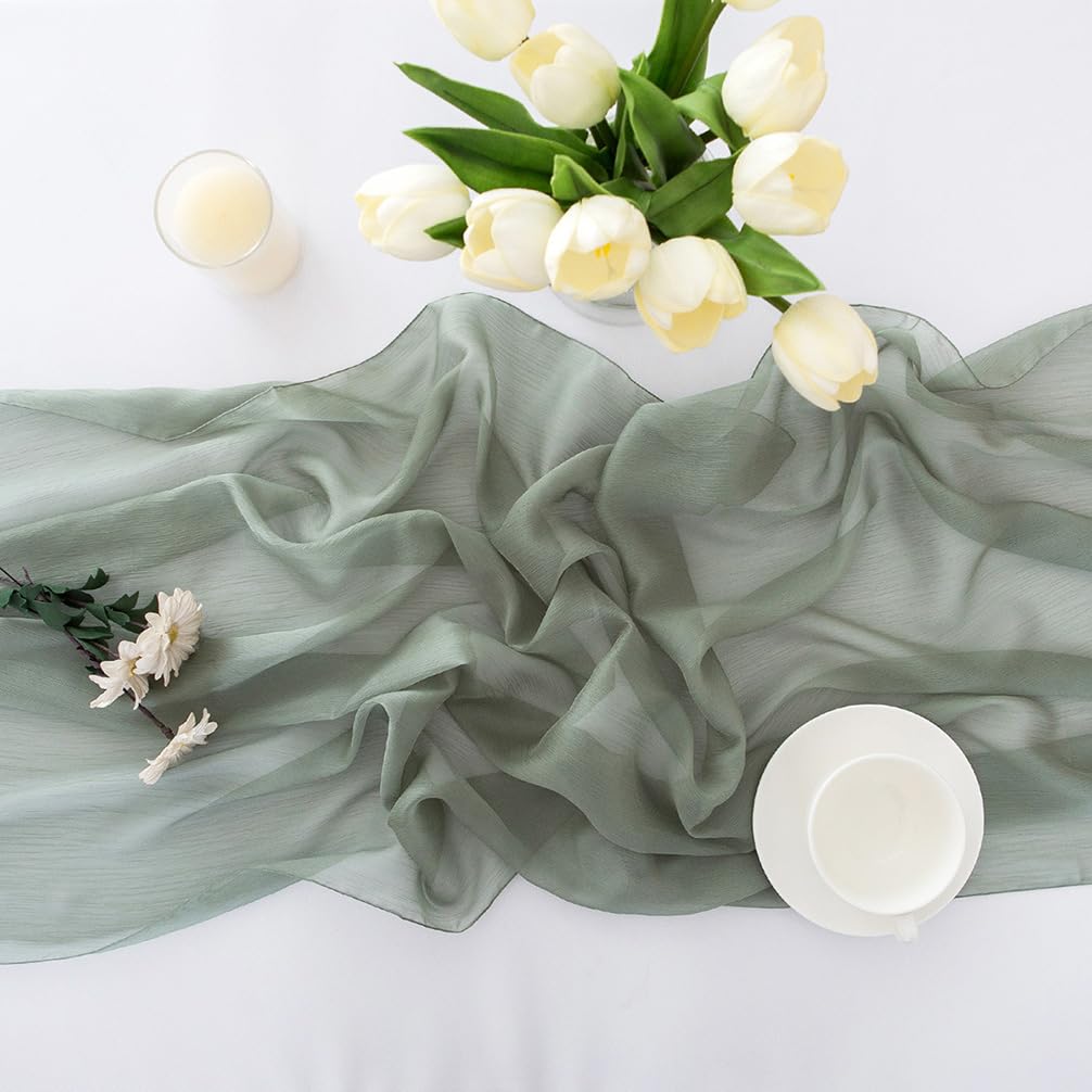 Chemin de table en mousseline de soie - Vert sauge - Décoration de table bohème - 70 cm x 3 m