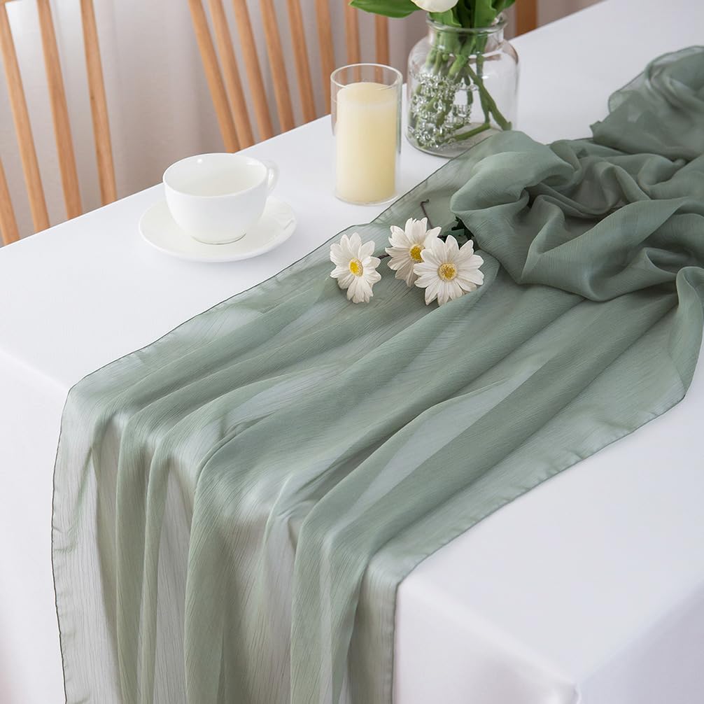 Chemin de table en mousseline de soie - Vert sauge - Décoration de table bohème - 70 cm x 3 m