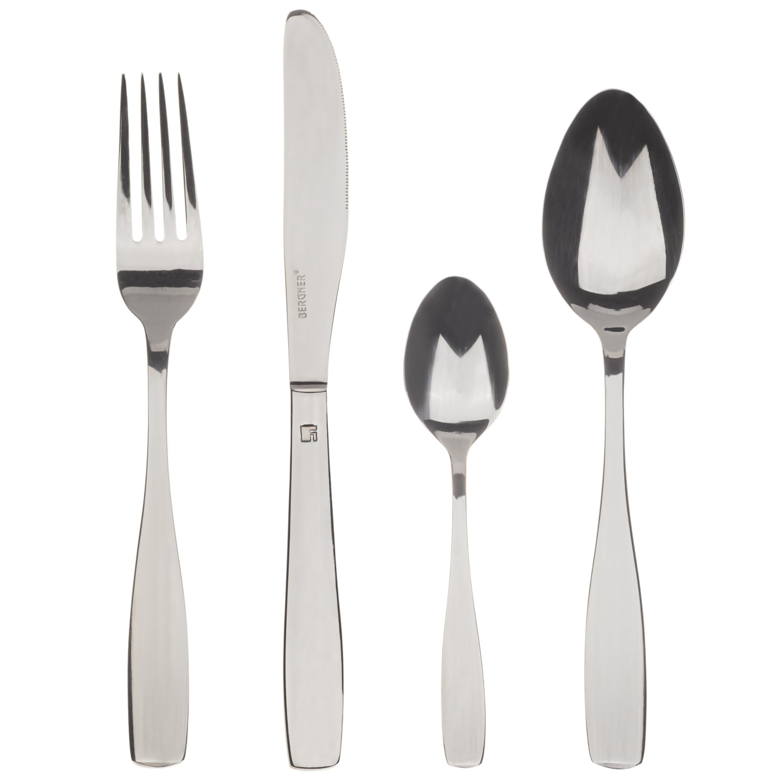 BERGNER Lyon - Ensemble complet 24 couverts - 6 couteaux - 6 fourchettes - 6 cuillères - 6 cuillères à thé - En acier inoxydable robuste - Finition polie mate - Facile à laver