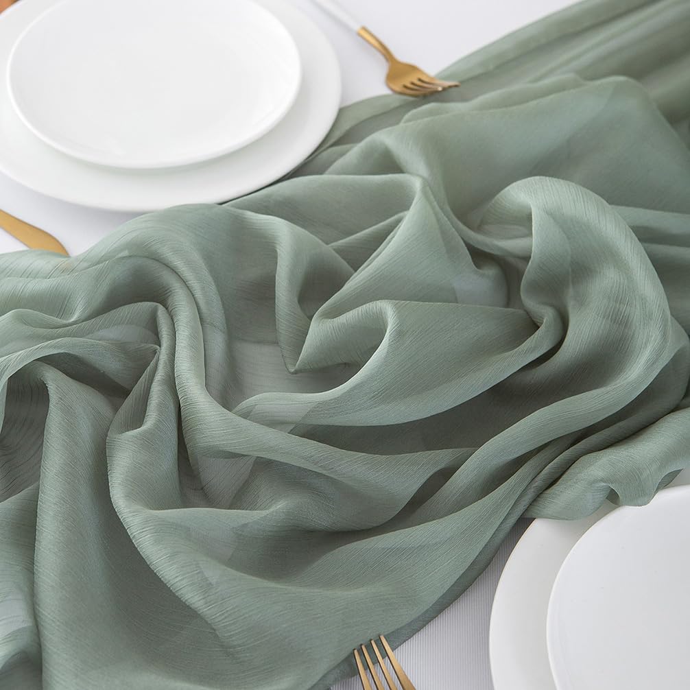 Chemin de table en mousseline de soie - Vert sauge - Décoration de table bohème - 70 cm x 3 m