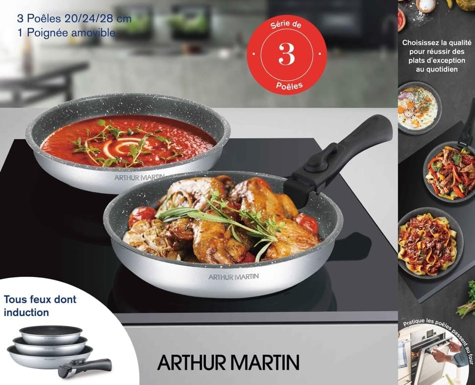 Arthur Martin AM521S Set de 3 Poêles 20-24-28 cm avec revetement anti adhérent Aluminium Poignée amovible Tous feux dont induction