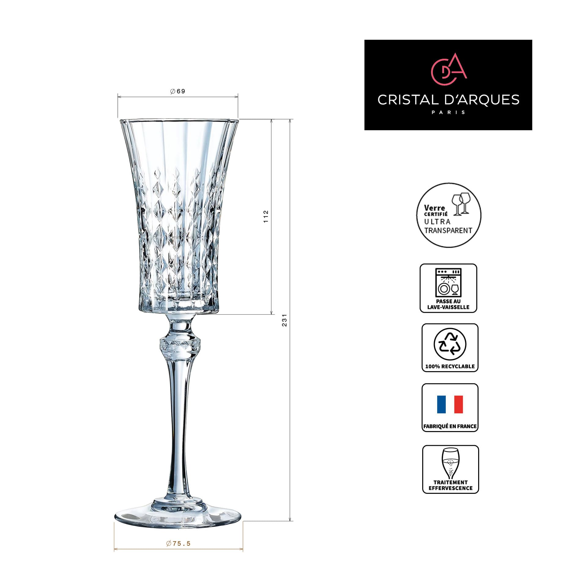 Cristal d'Arques Paris - Collection Lady Diamond - 6 Verres à pied 27 cl - Brillance, Transparence et Haute Résistance - Fabriqués en France - Emballage renforcé, adapté à la vente en ligne