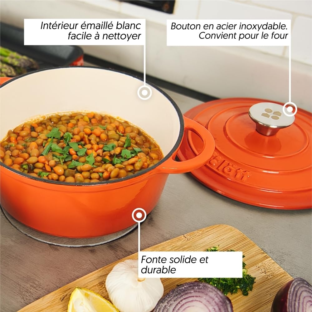 Cocotte en fonte émaillée orange. Cocotte ronde 26 x 12 cm - 4,8 l. Marmite élégante, résistante, spéciale à induction et adaptée à tous types de cuisines