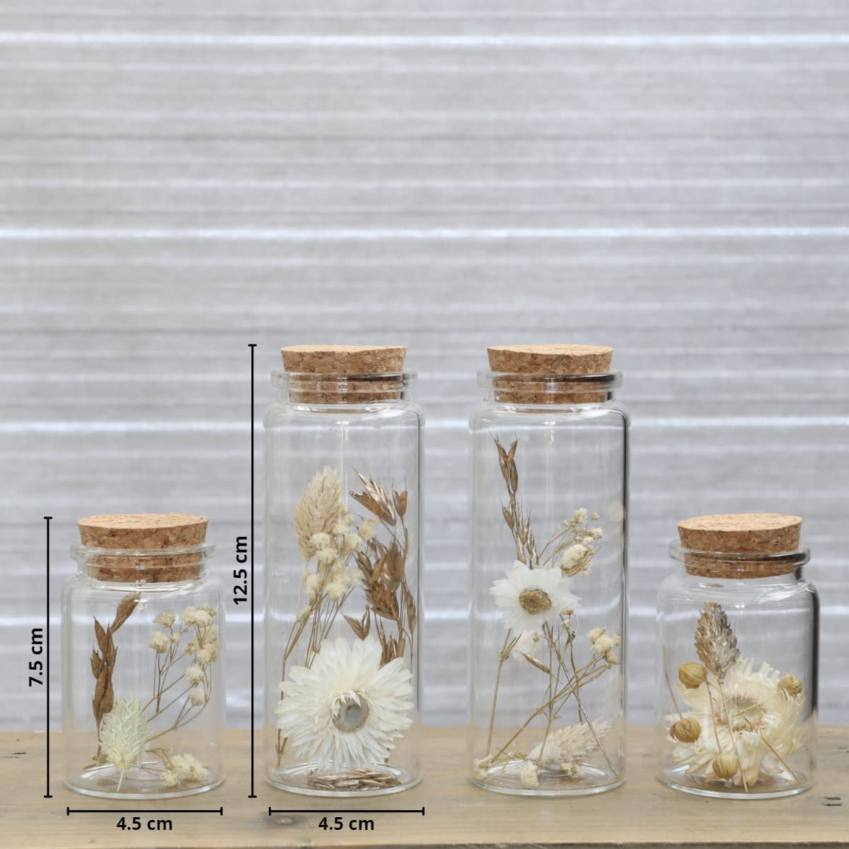 Comforder Fleurs Séchées en Verre avec Bouchon en Liège 4pcs, Décoration de Fleurs Séchées Naturelles dans Bouteille en Verre, Mariage Champêtre (Naturel)