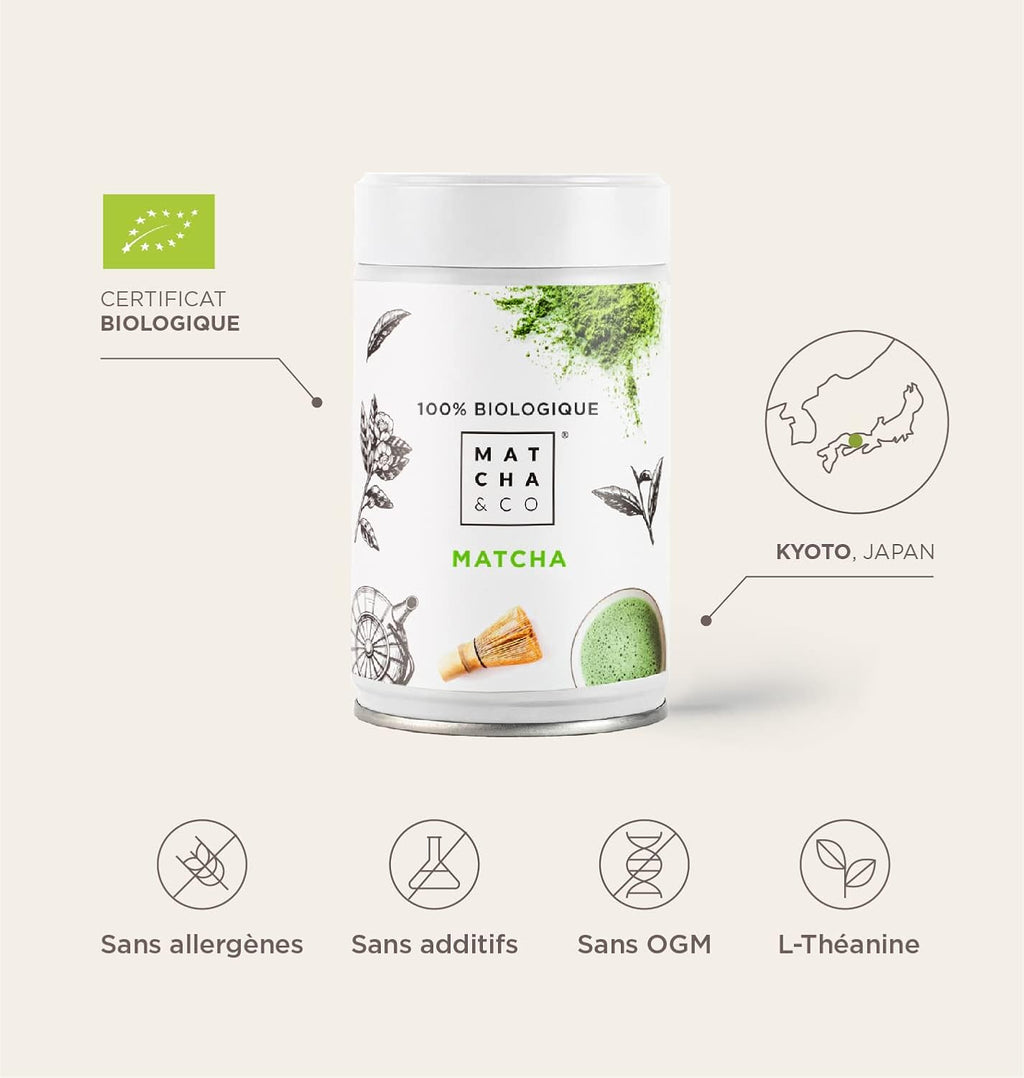 Matcha & CO Thé Matcha 100% Biologique 80 g [Qualité Cérémonielle] Poudre de thé Vert Biologique du Japon.