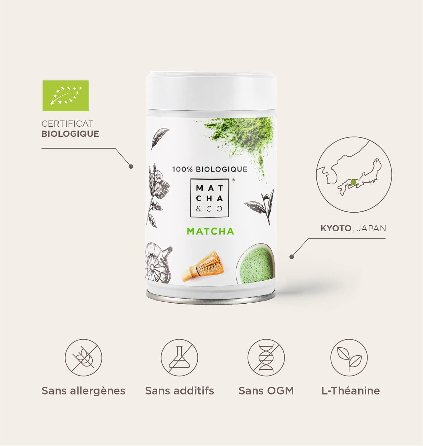 Matcha & CO Thé Matcha 100% Biologique 80 g [Qualité Cérémonielle] Poudre de thé Vert Biologique du Japon.