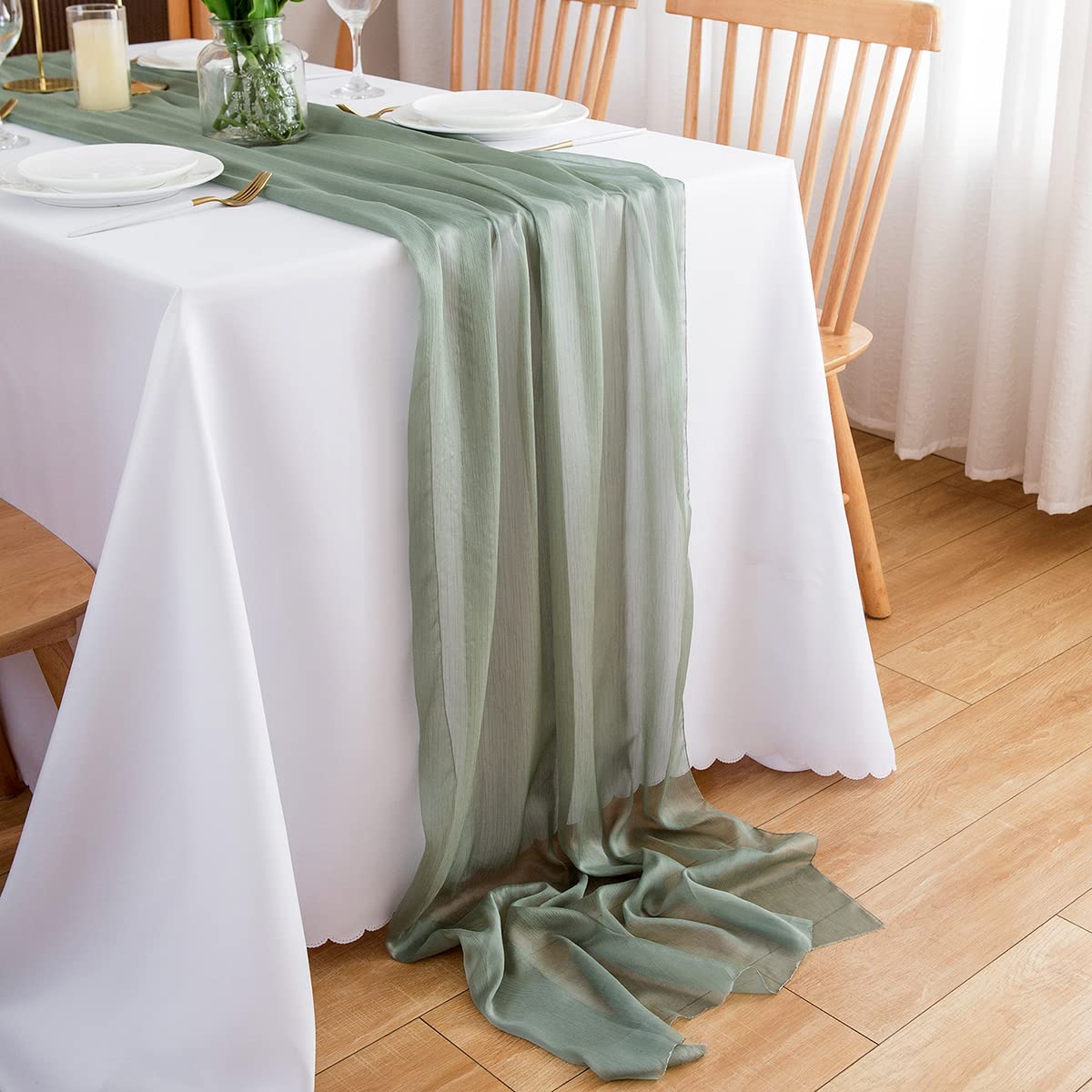 Chemin de table en mousseline de soie - Vert sauge - Décoration de table bohème - 70 cm x 3 m