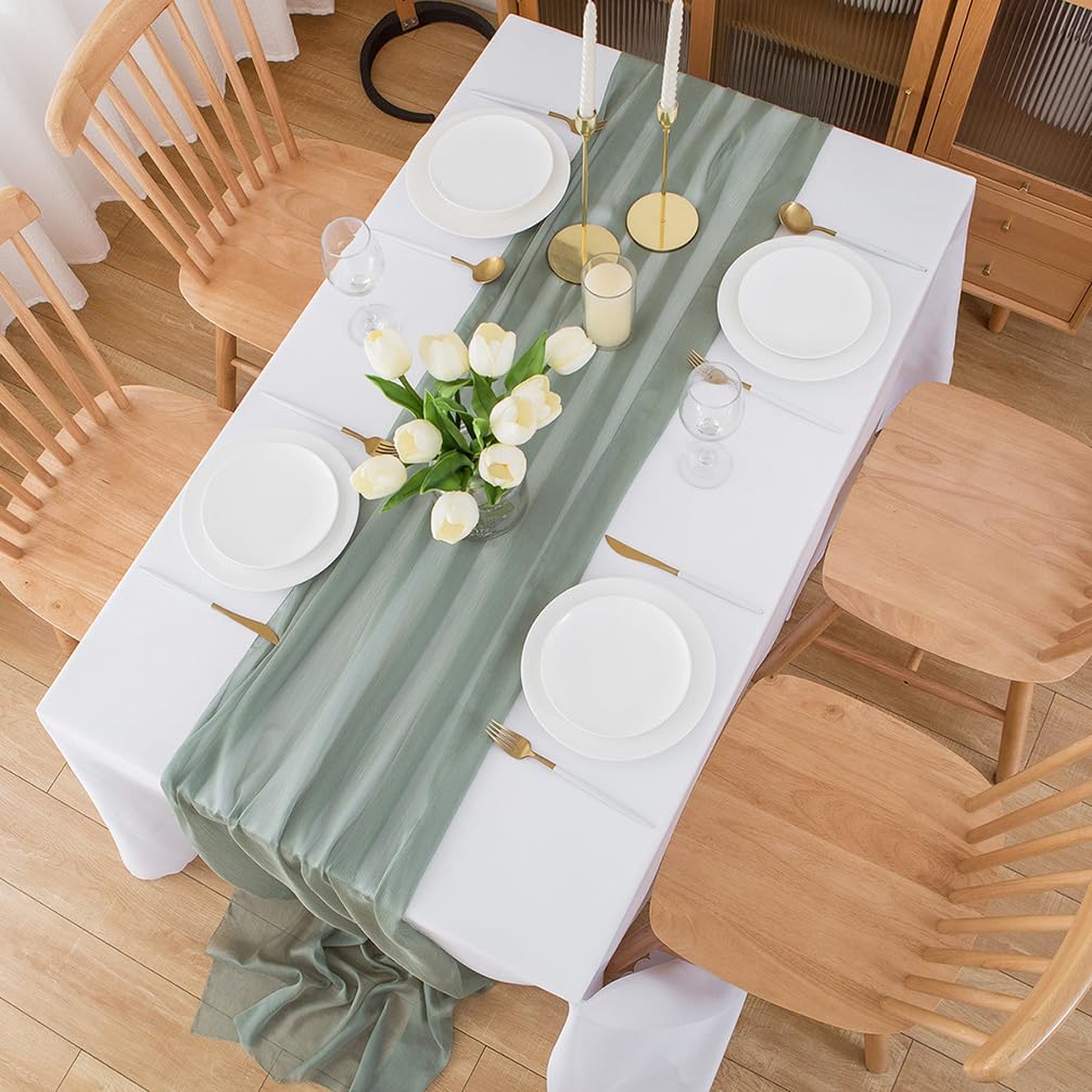 Chemin de table en mousseline de soie - Vert sauge - Décoration de table bohème - 70 cm x 3 m