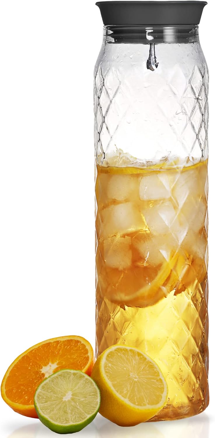 Carafe Eau en Verre Borosilicate Avec Couvercle - Pichet Pour Boissons Chaudes et Froides d'une Capacité 1.2L Avec Motif Unique en Diamant, Pichet à Boisson Pour Thé Glacé Maison et Jus