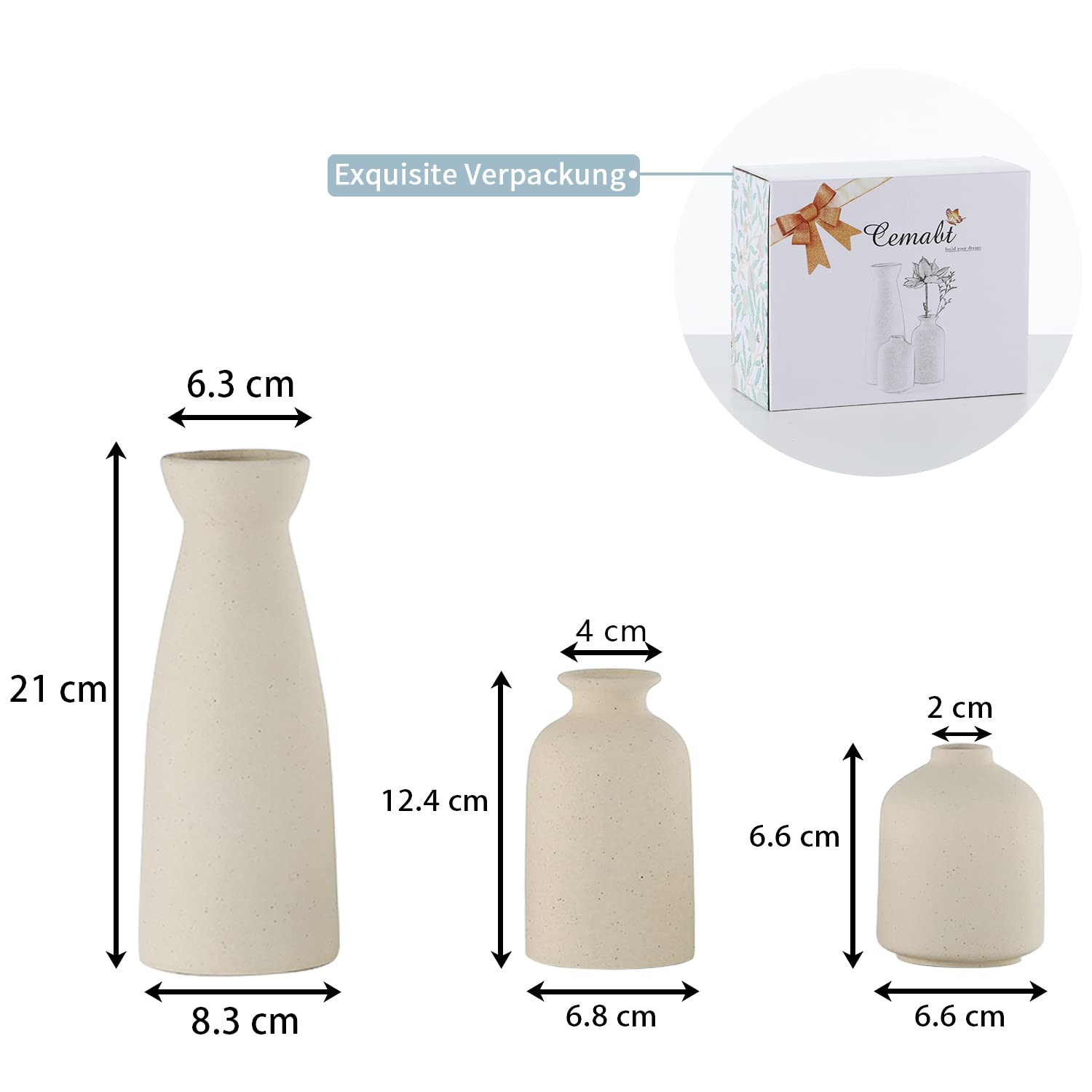 CEMABT Ceramic Vase Set - 3 Small Vase for Decoration for Wedding Table Party Living Office Bedroom Minimalist Bohemian Decoration (Noir)