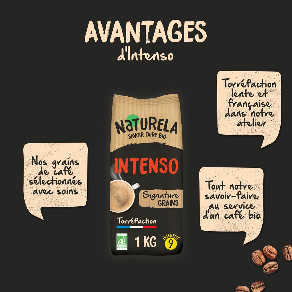 NATURELA - Café Grains Bio - Classique Arabica - 100% Arabica - Gamme Signature - Torréfaction Lente - Fabriqué en France - 1 kg