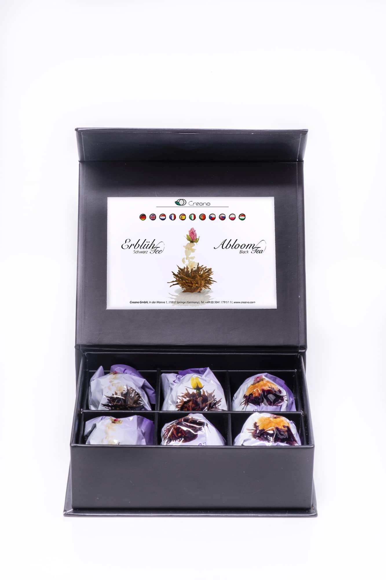 Creano Coffret Cadeau avec Fleurs de Thé dans Une Boîte Magnétique - Thé Blanc, Noir, Vert - 6 Fleurs de Thé avec 6 Sortes différentes