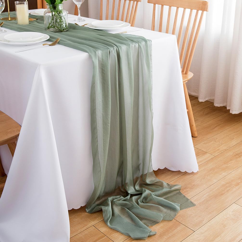 Chemin de table en mousseline de soie - Vert sauge - Décoration de table bohème - 70 cm x 3 m