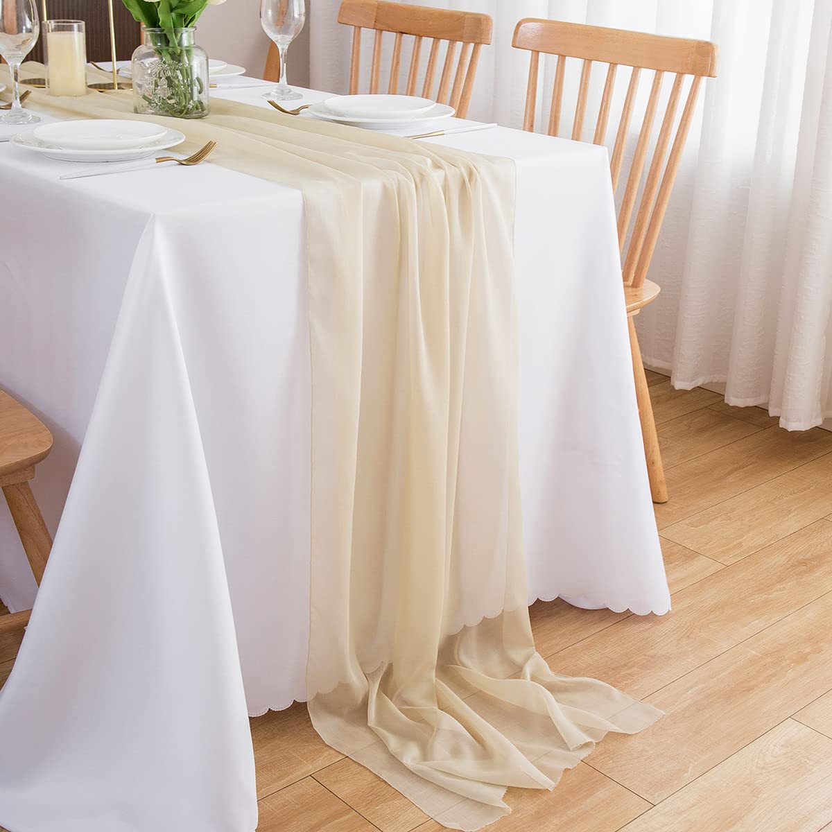 Chemin de table en mousseline de soie - Vert sauge - Décoration de table bohème - 70 cm x 3 m