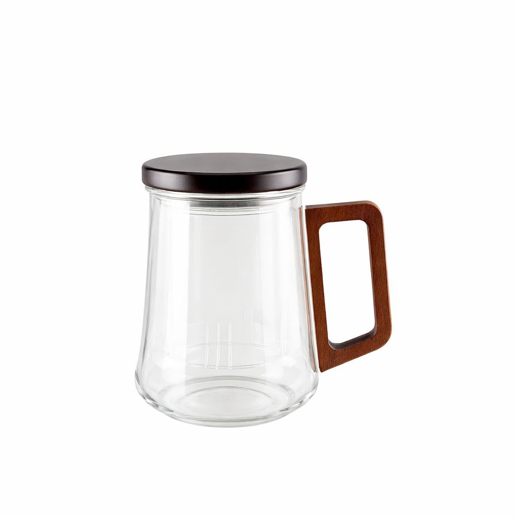 Mug en verre avec filtre, couvercle et anse en bois 9.5x13.5x11.5cm