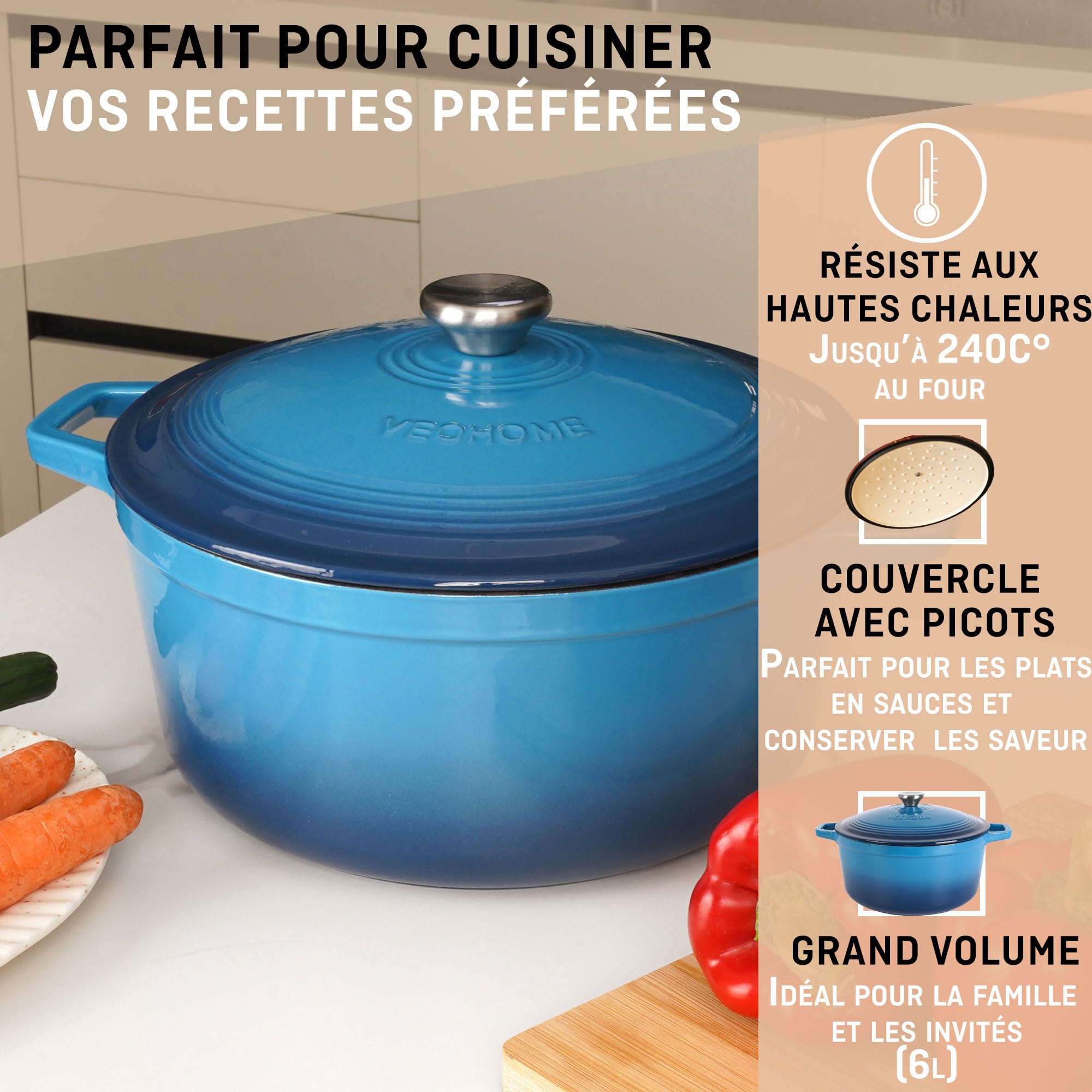 Cocotte Fonte Émaillée VeoHome Rouge 6L Ø28cm, Faitout Ultra Résistant,Marmite Compatible Induction/Gaz/Four, Cuisson Homogène, Saveurs Authentiques, Couvercle Relief