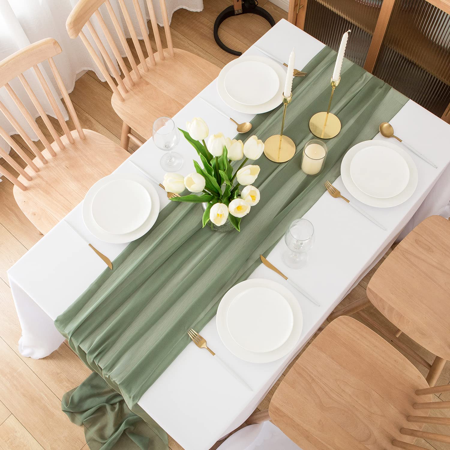 Chemin de table en mousseline de soie - Vert sauge - Décoration de table bohème - 70 cm x 3 m