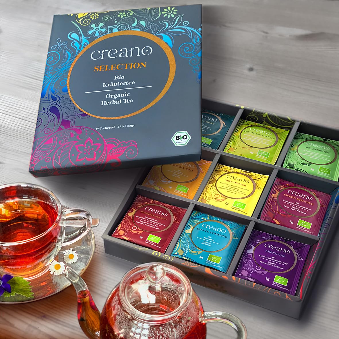 Creano Infusion aux fruits bio - Coffret cadeau - 27 sachets de thé bio en 9 variétés magnifiques - 54g*