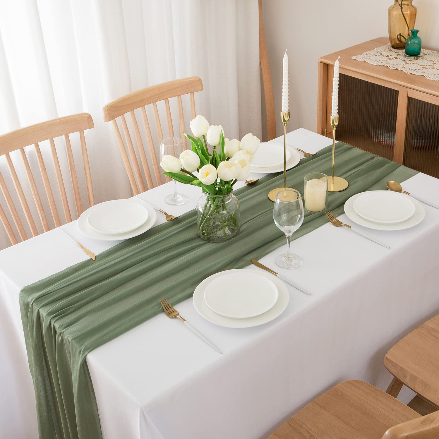 Chemin de table en mousseline de soie - Vert sauge - Décoration de table bohème - 70 cm x 3 m